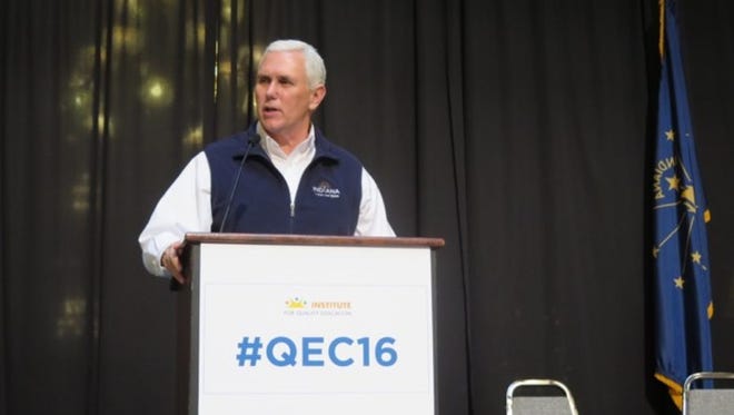 Then-Gov. Mike Pence speaks at a school choice rally at the Indiana statehouse in 2016.