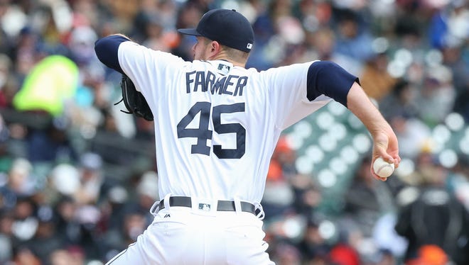 Detroit Tigers right-hander Buck Farmer pitches against the New York Yankees on April 9, 2016, at Comerica Park in Detroit.