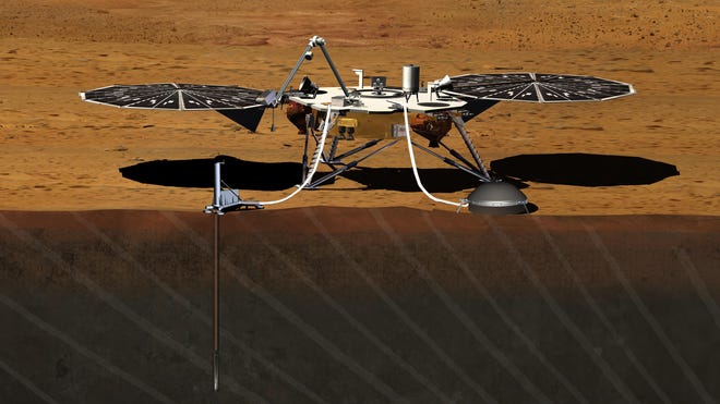 This artist's concept depicts the stationary NASA Mars lander known by the acronym InSight at work studying the interior of Mars.