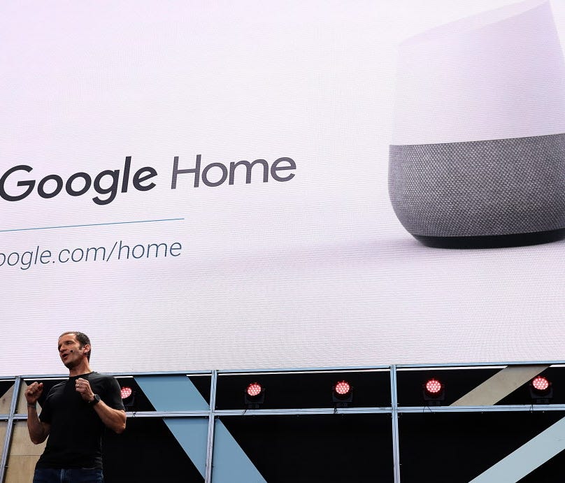 Google executive Mario Queiroz shows Google Home during the company's annual I/O conference for software developers in Mountain View, Calif., last May.