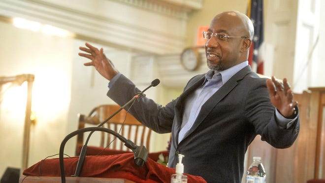 Rev. Raphael Warnock speaks at Savannah's First Bryan Baptist Church during a visit for his U.S. Senate campaign on Sept. 19.
