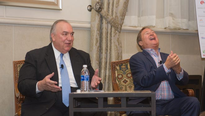 Former Michigan Governors John Engler, left, and James Blanchard both spoke at a Citizens Research Council dinner in Plymouth on Thursday.