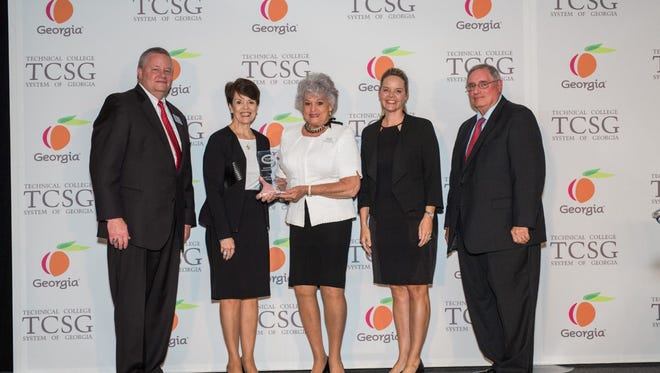 Shown from left are Technical College System of Georgia Deputy Commissioner Matt Arthur, North Georgia Technical College Advancement Director Cynthia Brown, NGTC Foundation Trustee Rachel Morrison, TCSG Commissioner Gretchen Corbin, and Technical College Foundation Association Chairman Larry Paulk.