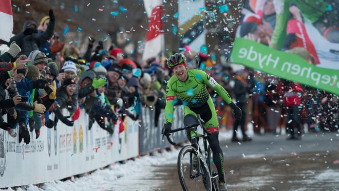 Milton native Stephen T. Hyde celebrates after winning the USA Cyclocross National Championship in Hartford, Connecticut on Jan. 8, 2017.