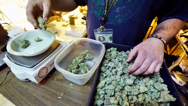 An employee weighs portions of retail marijuana to be packaged and sold at 3D Cannabis Center in Denver in this file photo. Camden is now weighing how to regulate legalized marijuana sales in the city.