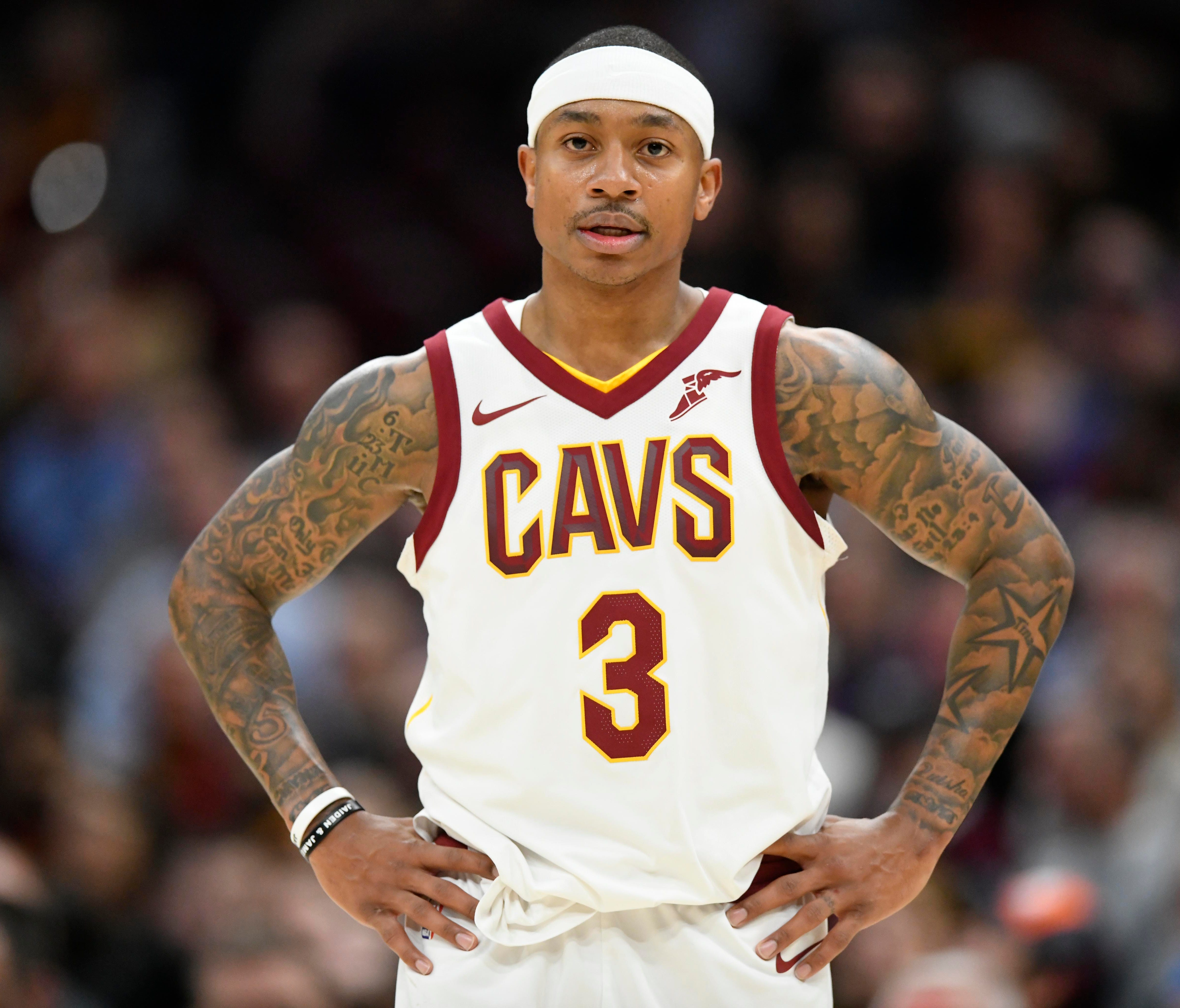 Cleveland Cavaliers guard Isaiah Thomas (3) reacts in the second quarter against the Miami Heat at Quicken Loans Arena.
