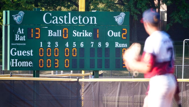 Rutland pitcher Jacob Godfrey looks to second base during Wednesday's American Legion baseball state championship game at Castleton University.