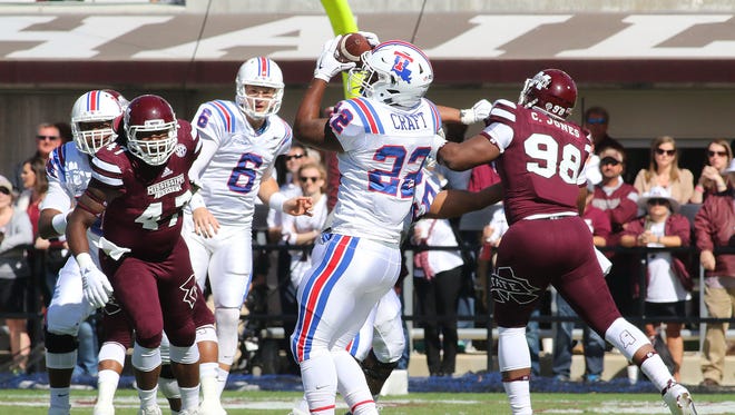 Louisiana Tech running back Jarred Craft caught 5 passes for 56 yards in a loss to Mississippi State.