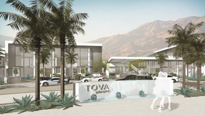 An architect's rendering of the Tova Hotel and Beach Club in Palm Springs. The proposed project is a renovation of the shuttered Garden Vista Hotel.