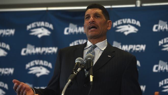 Wolf Pack head football coach Jay Norvell gets introduced during a press conference earlier this month.