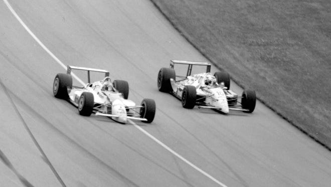 Rick Mears passing  Michael Andretti for the last time in turn one in the 1991 Indianapolis 500.