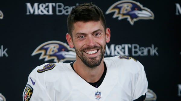 Baltimore Ravens kicker Justin Tucker smiles while