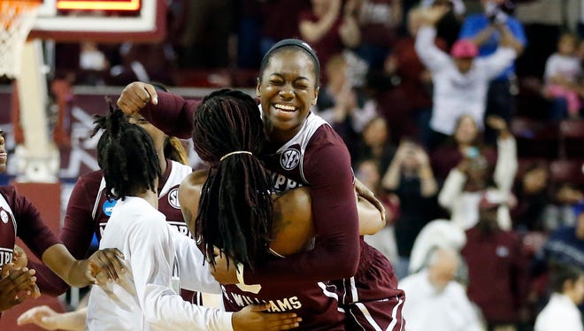 Mississippi State forward Breanna Richardson celebrates with her teammates after their 74-72 win against Michigan State last weekend.