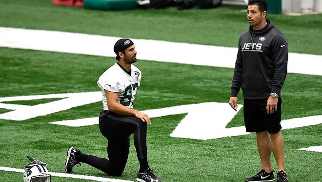 New York Jets wide receiver Eric Decker, left, stretches during the organized team activities at the Atlantic Health Jets Training Center in Florham Park, NJ on Tuesday, June 6, 2017.