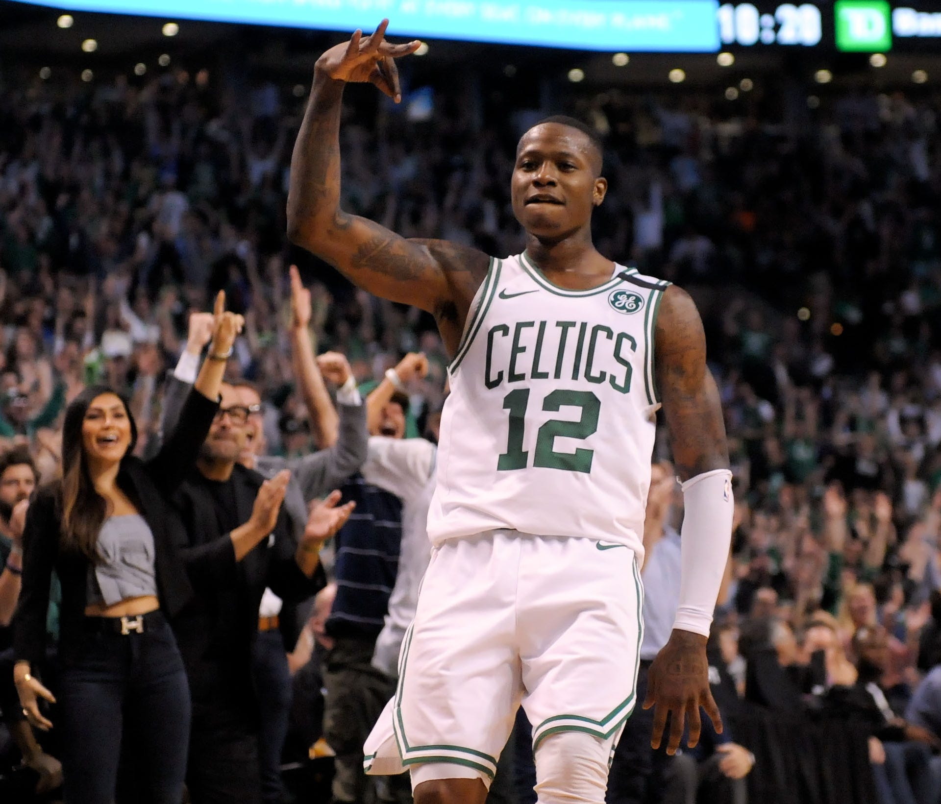 Boston Celtics guard Terry Rozier (12) reacts after scoring against the Cleveland Cavaliers during the third quarter in Game 2.