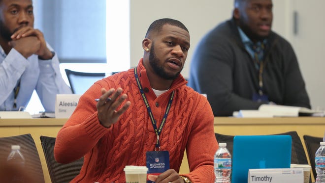 Detroit Lions tight end Tim Wright listens during the NFL Business Academy on Wednesday, March 2, 2016, at the University of Michigan's Ross School of Business in Ann Arbor.