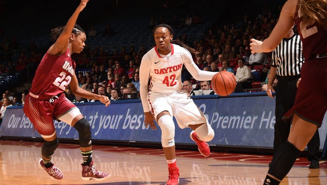 Jayla Scaife, a Central graduate, dribbles in a game during her freshman season at Dayton.