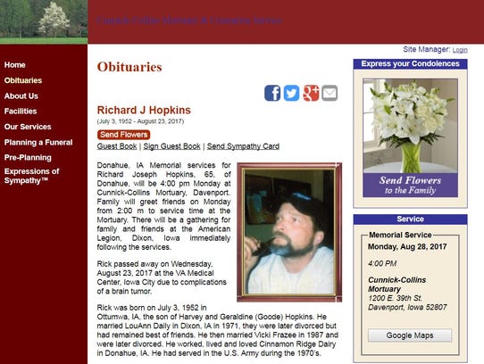 Online obituary for Richard J Hopkins.