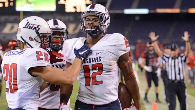 South Alabama tight end Gerald Everett (12) is congratulated after scoring a fourth-quarter touchdown at San Diego State last season.