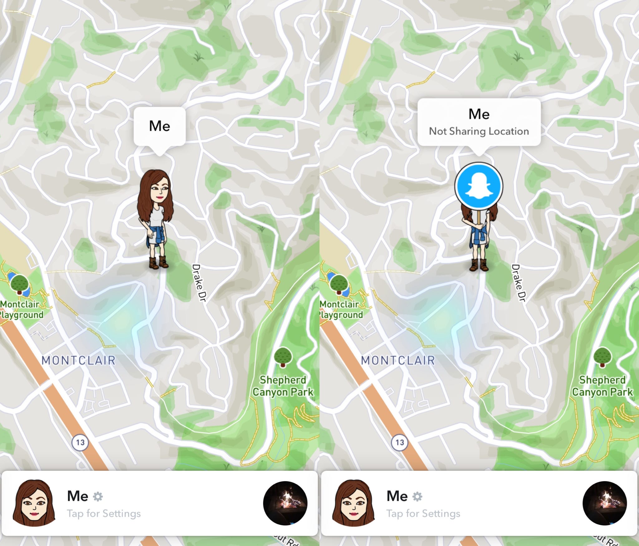 Snapchat's Snap Map enabled to the left, and with Ghost Mode on the right