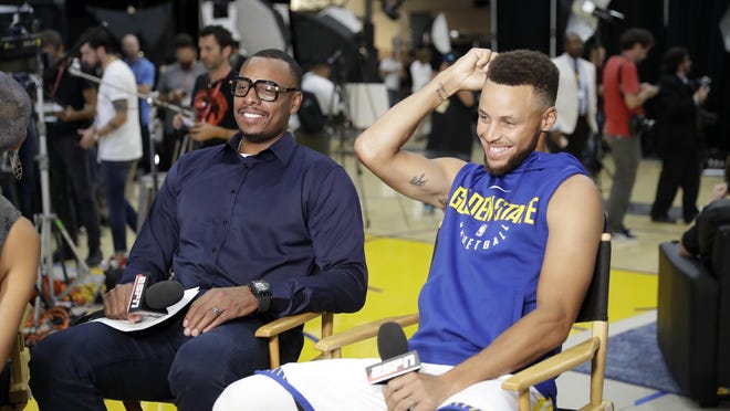 Golden State Warriors' Stephen Curry, right, talks to Paul Pierce during NBA basketball team media day Friday, Sept. 22, 2017, in Oakland , Calif. (AP Photo/Marcio Jose Sanchez)