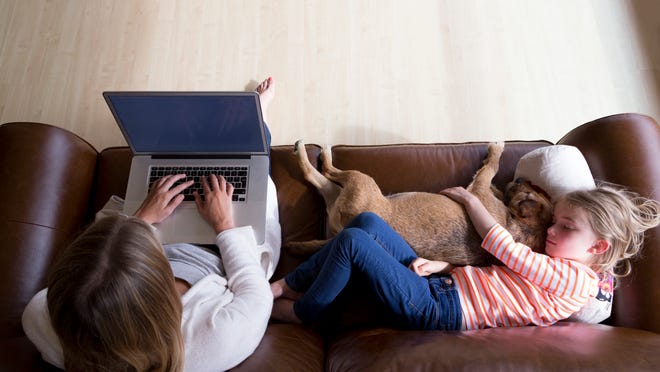 Ariel view of a woman using a laptop whilst her daughter is sleeping next to her, cuddling their pet dog.