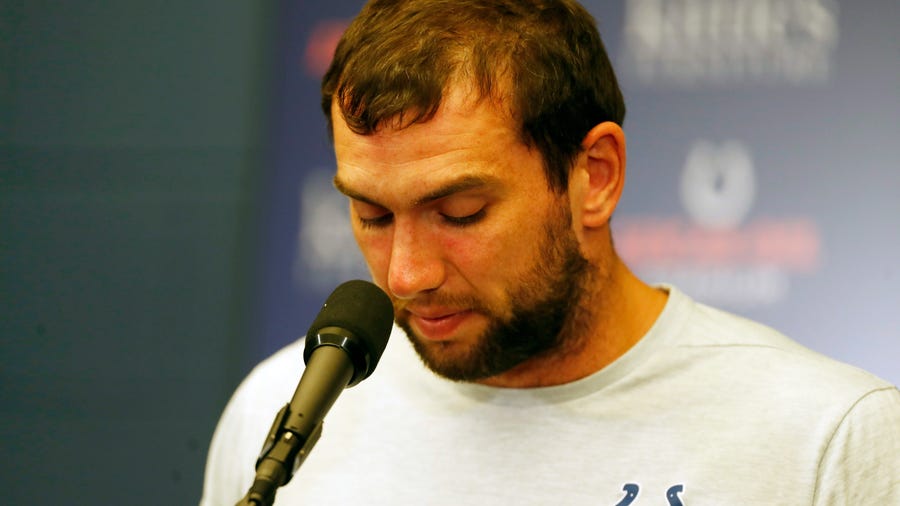 Aug 24, 2019; Indianapolis, IN, USA; Indianapolis Colts quarterback Andrew Luck announces his retirement in a press conference after the game against the Chicago Bears at Lucas Oil Stadium. Mandatory Credit: Brian Spurlock-USA TODAY Sports