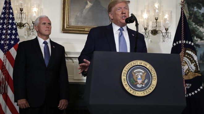 President Donald Trump speaks about the mass shootings in El Paso, Texas, and Dayton, Ohio, in the Diplomatic Reception Room of the White House, on Aug. 5, 2019, in Washington.