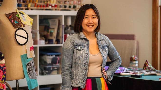 Designer Mirandy Kim, Good Oasis owner, in the studio of her teacher Channy Hiersche at Lockstitch & Lustre. She has tried to make Good Oasis clothing as sustainable as possible.