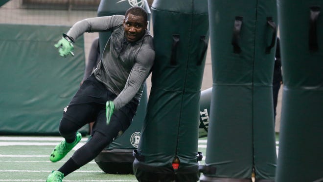 Michigan State's defensive lineman Lawrence Thomas runs drills on Pro Day at the Duffy Daugherty Football Building in East Lansing. on Wednesday, March 16, 2016.