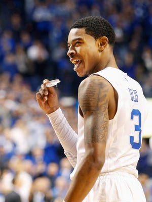 Kentucky's Tyler Ulis is all smiles after making a shot against Georgia. Feb. 9, 2016
