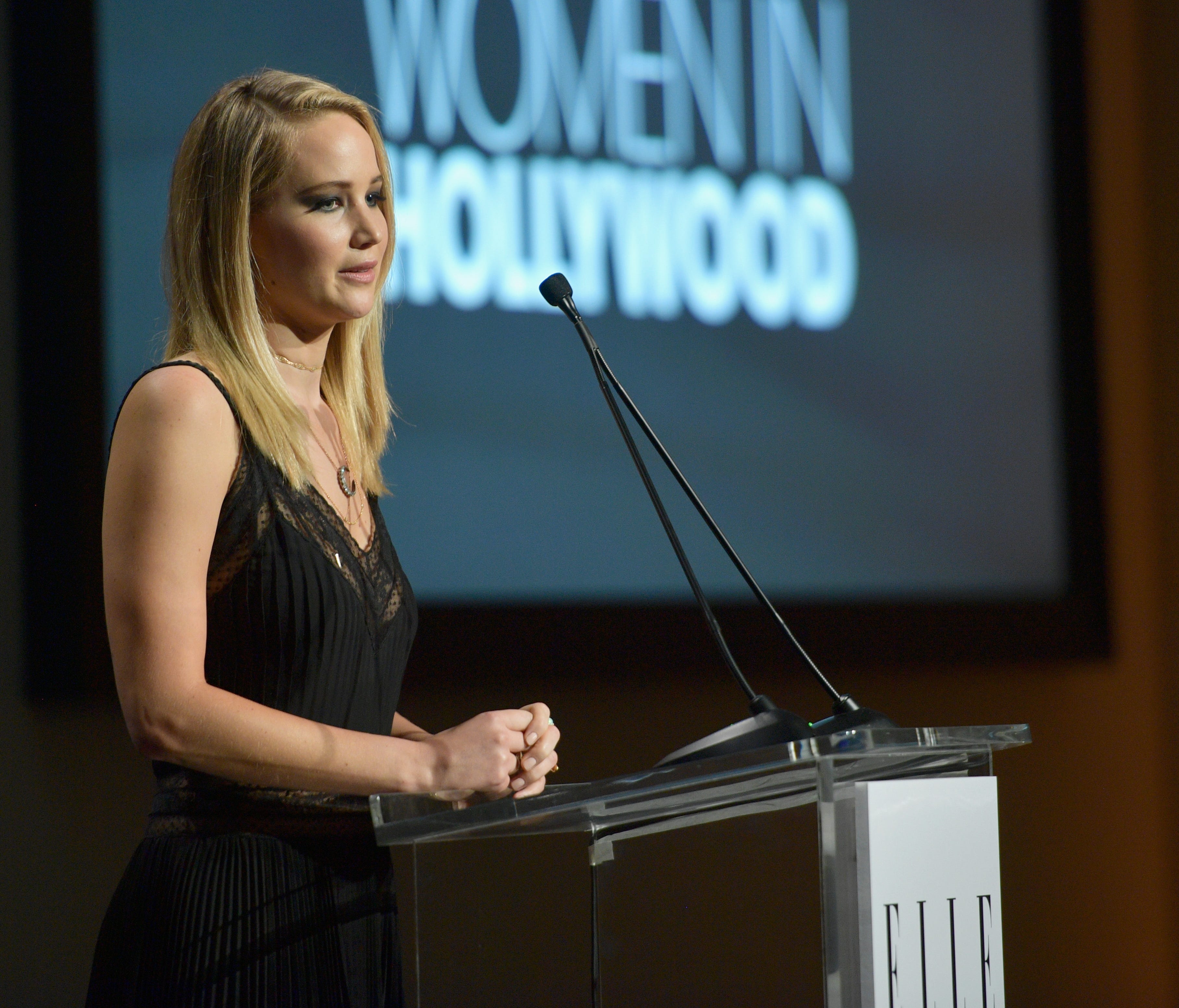 Jennifer Lawrence speaks at the Elle Women in Hollywood celebration at the Four Seasons Beverly Hills Monday night.