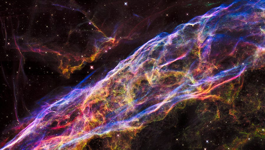 NASA's Hubble Space Telescope has unveiled in stunning detail a small section of the Veil Nebula -- expanding remains of a massive star that exploded about 8,000 years ago.