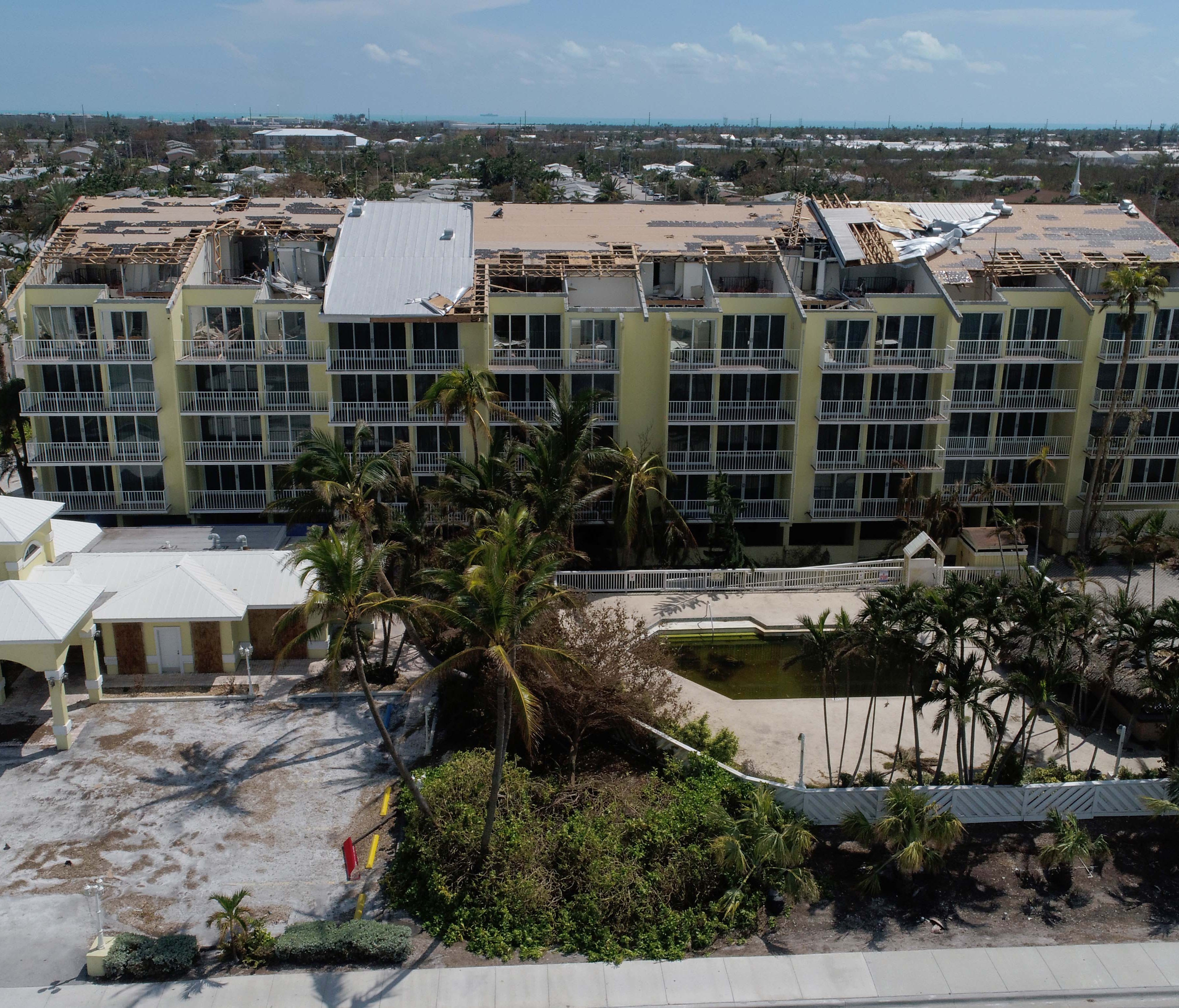Sections of the roof are seen peeled off on the Bayside Hotel on Sept. 13, 2017, in Key West, Fla., after Hurricane Irma.
