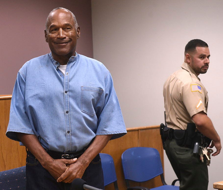 O.J. Simpson enters for his parole hearing at the Lovelock Correctional Center in Lovelock, Nevada.