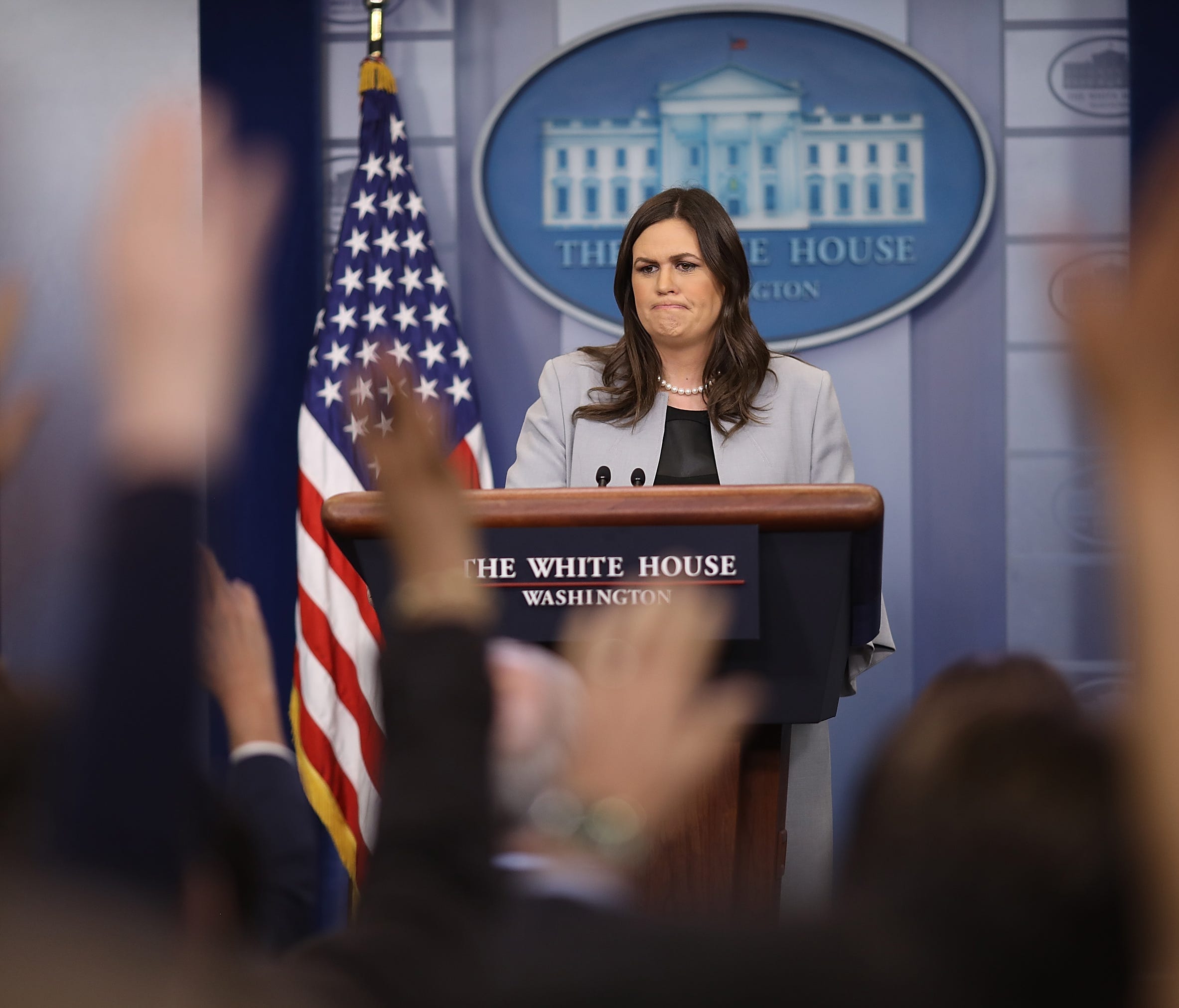 WASHINGTON, DC - MARCH 07:  White House Press Secretary Sarah Huckabee Sanders answers questions during a briefing at the White House on March 7, 2018 in Washington, DC. Sanders answered a range of questions related to recently announced trade tariff