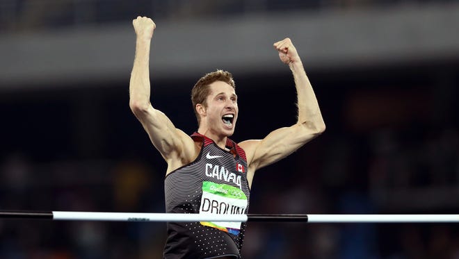 Derek Drouin of Canada reacts during the Men's High Jump Final on Day 11 of the Rio 2016 Olympic Games at the Olympic Stadium on August 16, 2016 in Rio de Janeiro, Brazil.