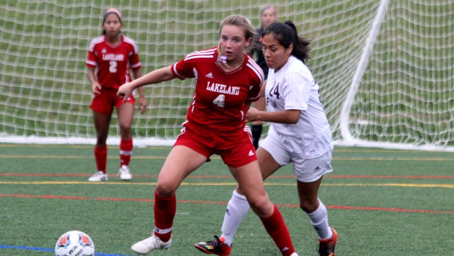 Lakeland's Madison Burgner (4), Briel Diaz (2) and goalie Sarah Deighan (background) were chosen first-team All-Passaic County for girls soccer by the Passaic County Coaches Association.