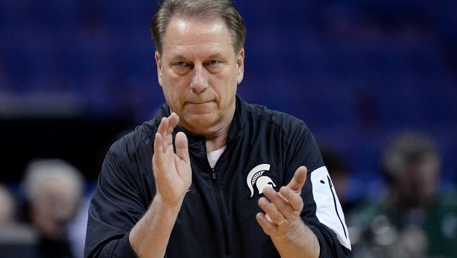 Michigan State Head coach Tom Izzo watches drills during practice Thursday, March 17, 2016 at the Scottrade Center in St. Louis. Middle Tennessee and Michigan State face off in a first round NCAA tournament game Friday.