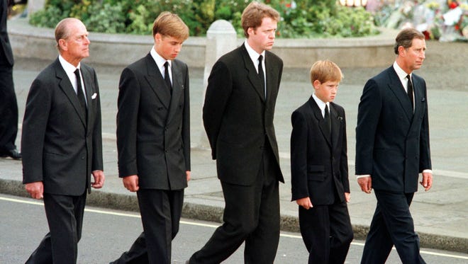 March of the princes at Diana's funeral: Prince Philip, Prince William, Earl Spencer, Prince Harry and Prince Charles, Sept. 6, 1997.