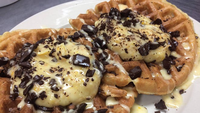 Sweet Waffles at the Space come with vegan orange custard and chocolate. The waffles themselves are gluten-free.