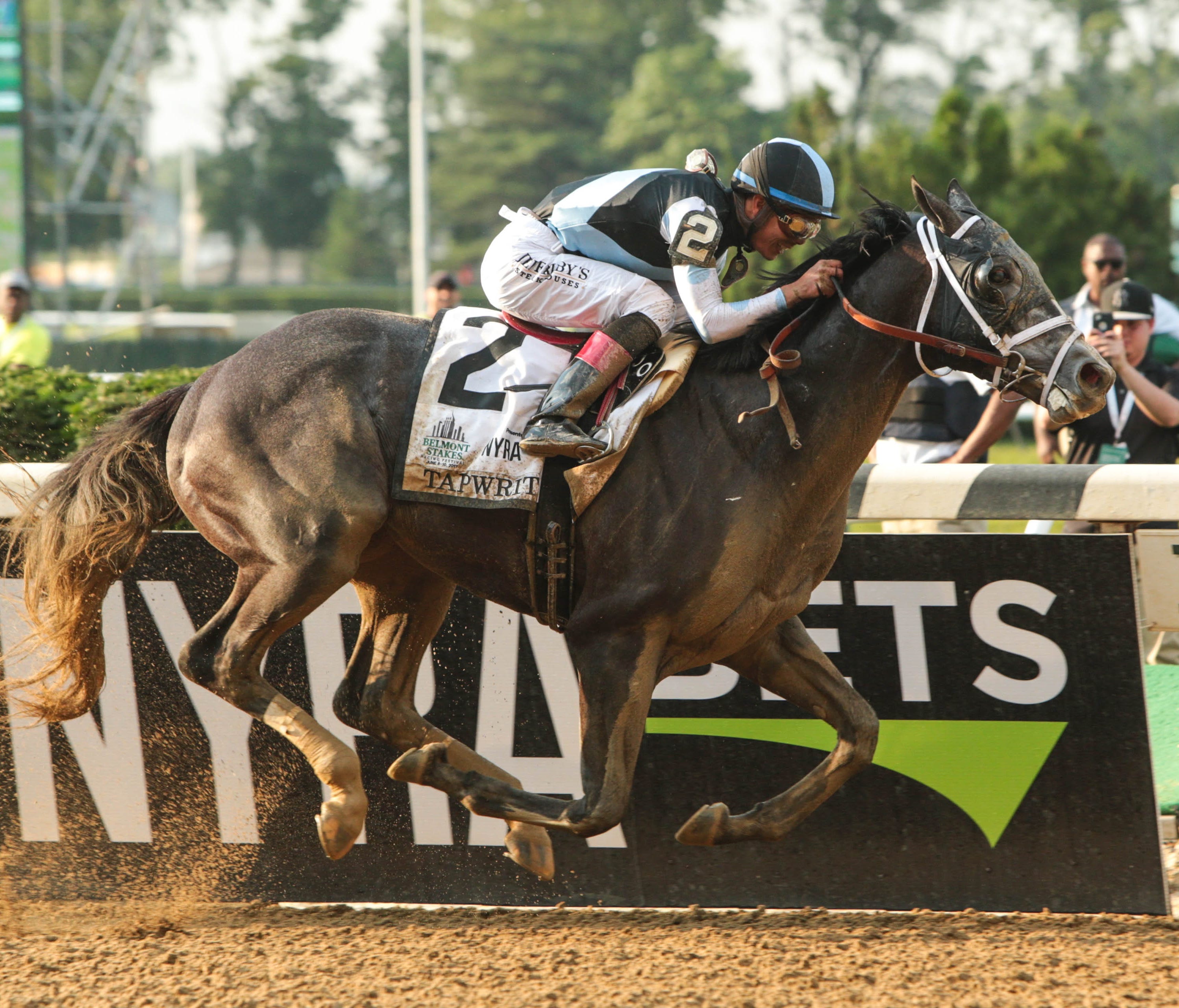 Tapwrit with jockey Jose Ortiz crosses the line to win the 149th Belmont Stakes.