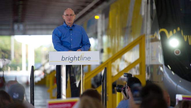 All Aboard Florida and Brightline president Michael Reininger debuted the new "BrightBlue" passenger train during a media day Wednesday, Jan. 11, 2017, at Workshop b, Brightine's railroad operations facility in West Palm Beach. "South Florida is very close to experiencing the future of train travel, a new travel alternative as an option to private cars on crowded roads," Reininger said.