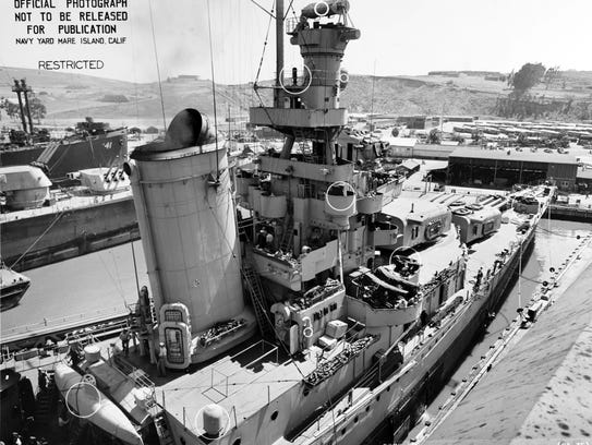 Closeup view of ship's forward stack, superstructure