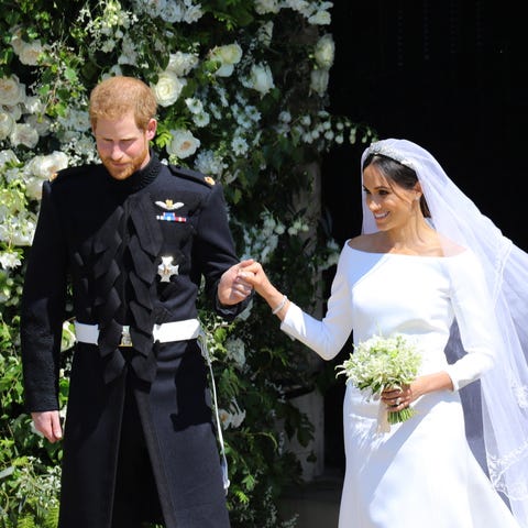 Britain's Prince Harry and Meghan Markle present a