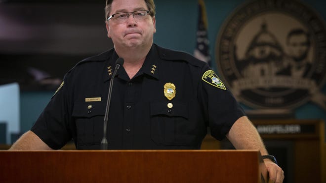 Springfield Police Chief Kenny Winslow provides an update on the workplace shooting at Bunn-O-Matic that left three people dead last Friday morning during a press conference in the City Council chamber on July 1 in Springfield. "We're trying to make sense of a senseless situation," Winslow said.