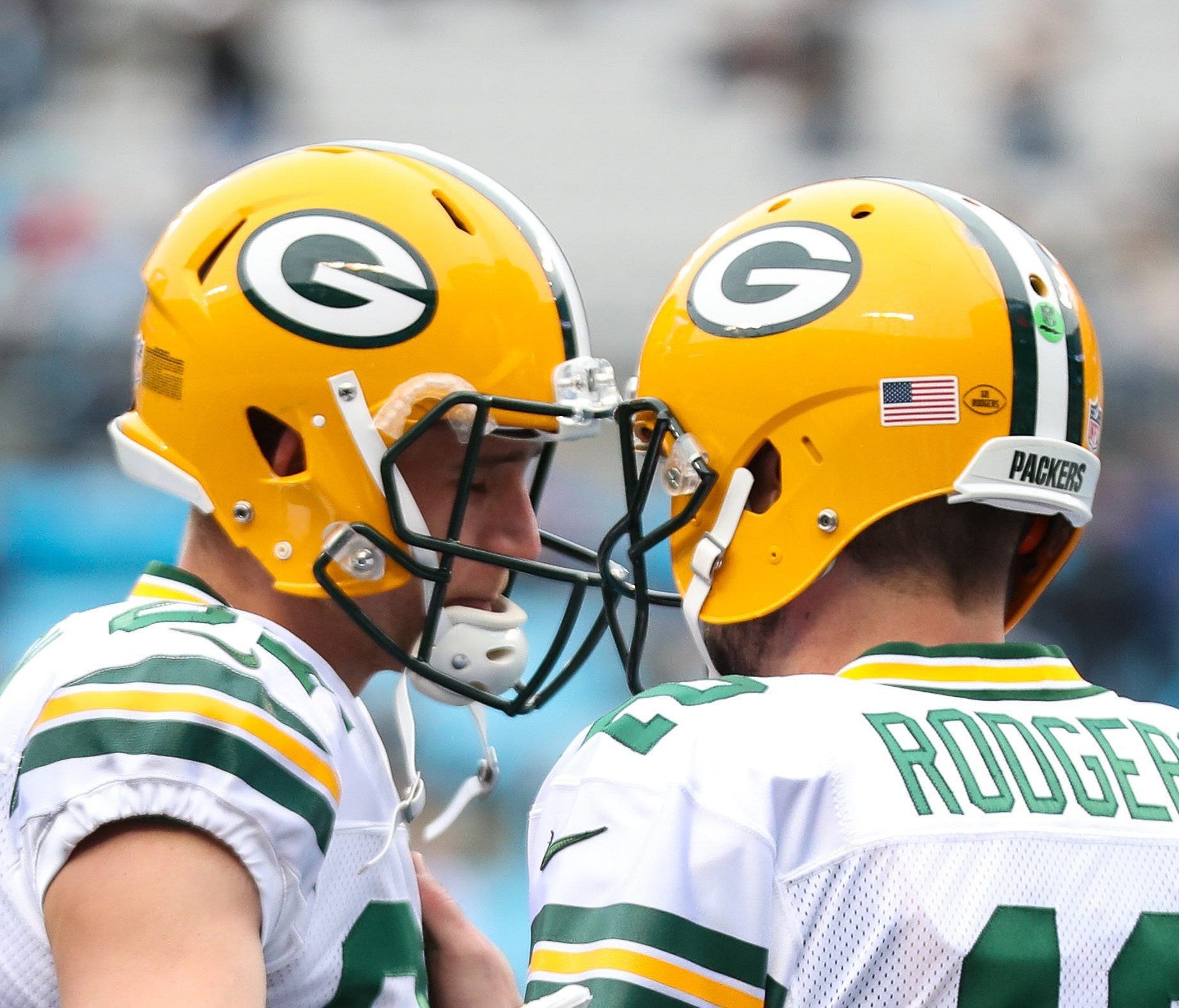 Dec 17, 2017; Charlotte, NC, USA; Green Bay Packers wide receiver Jordy Nelson (87) and Green Bay Packers quarterback Aaron Rodgers (12) talk in the end zone before the start of the first quarter against the Carolina Panthers at Bank of America Stadi