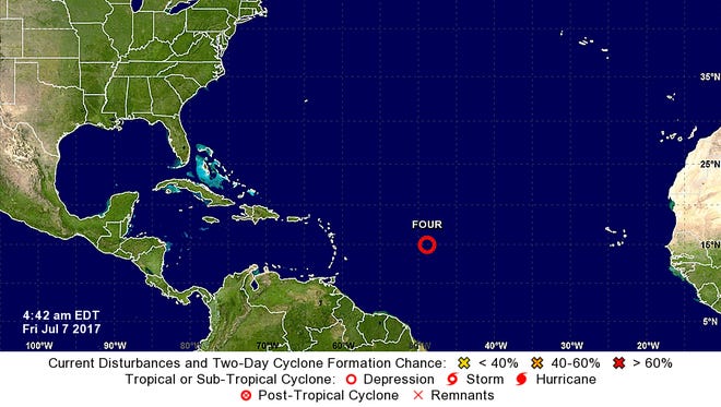 The National Hurricane Center is monitoring only Tropical Depression 4 in the Atlantic Ocean on Friday.