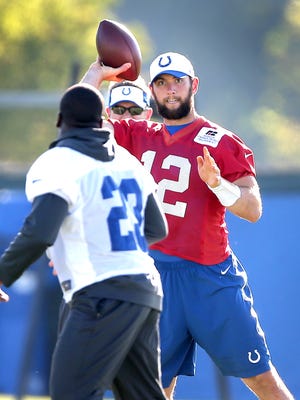 Indianapolis Colts quarterback Andrew Luck (12) tosses a short pass to running back Frank Gore (23) during the Colts practice Monday, October 5, 2015, afternoon at the Colts Complex on West 56th Street.
