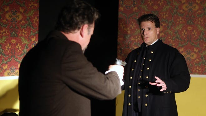 Dave Hastings portrays U.S. Sen. Willard Saulsbury (left) threatening the Sergeant-at-Arms (Matt Lovlie) during rehearsal.